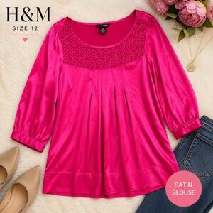 H&M Pink Satin Lace Yoke Blouse Size 12 Flowy Boho Top